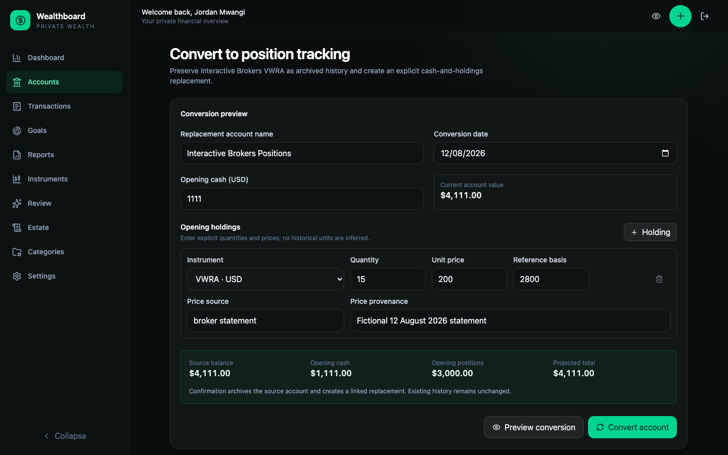 Guided conversion preview matching an archived total-value account to explicit cash and holdings