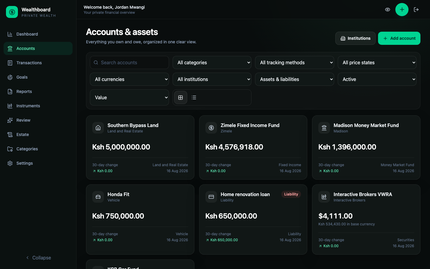 Account workspace with search, filters, cards, multiple currencies, and a liability