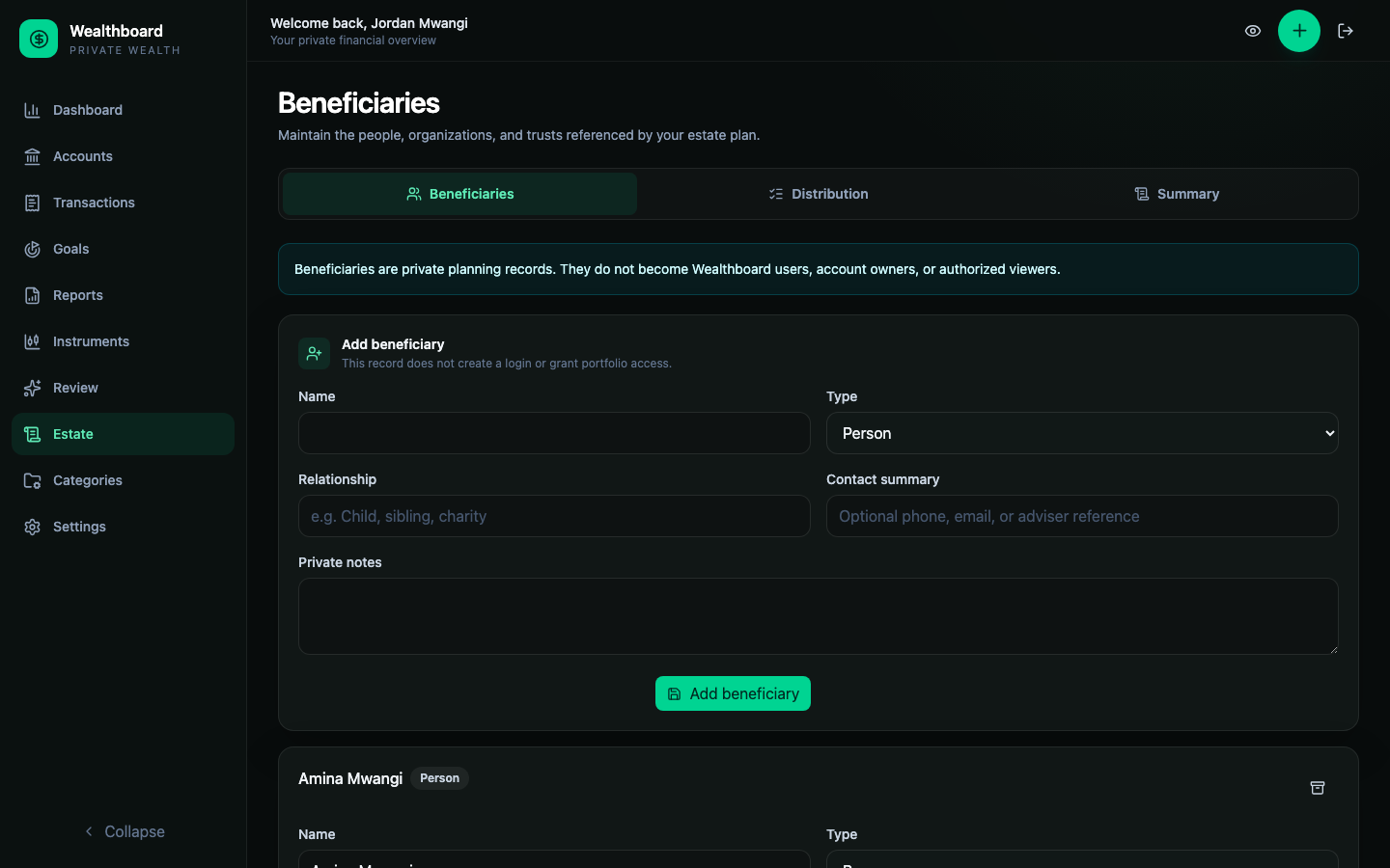 Beneficiary directory with fictional people and a trust