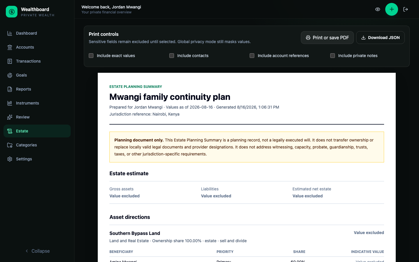 Estate Planning Summary print preview with sensitive values excluded