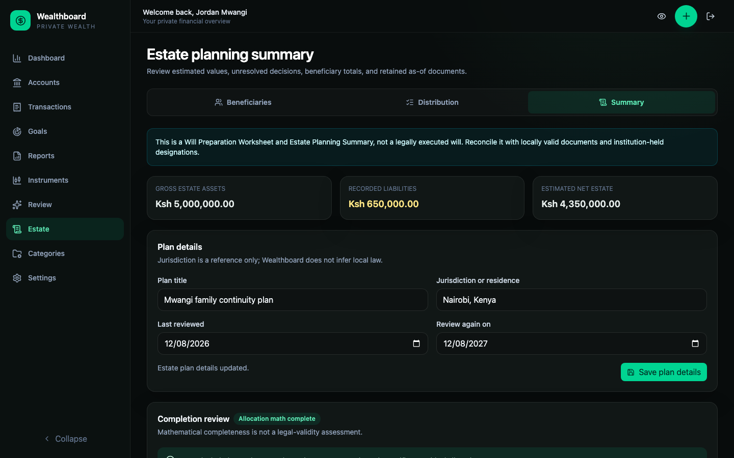 Estate summary with a mathematically complete allocation and recorded liability