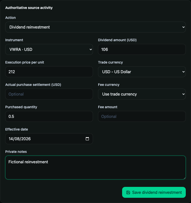 Dividend reinvestment form with income, purchase, quantity, and effective date