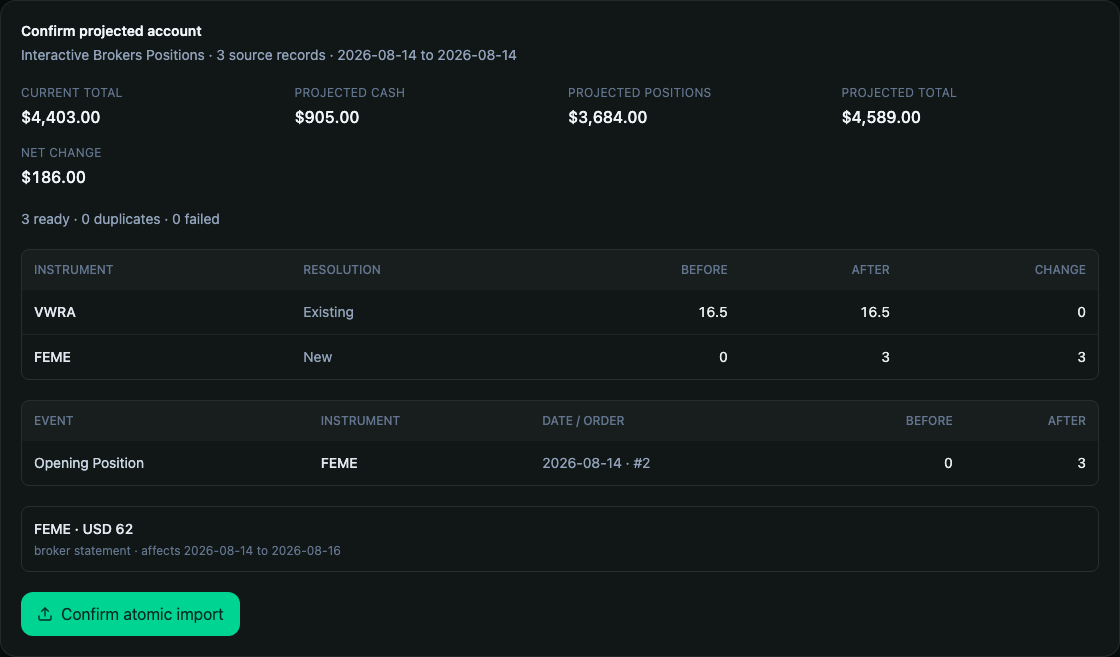 Atomic investment import preview with instrument resolution, event ordering, quantities, and price impact