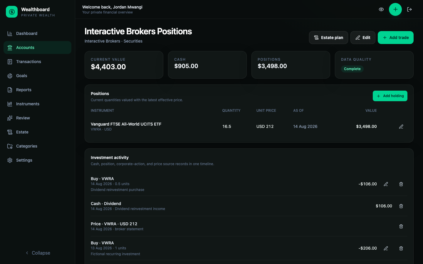 Position account showing cash, one priced holding, data quality, and a unified activity timeline