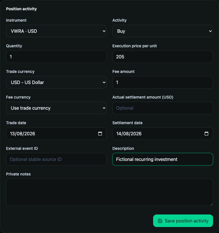 Position buy with execution, fee, trade, and settlement fields