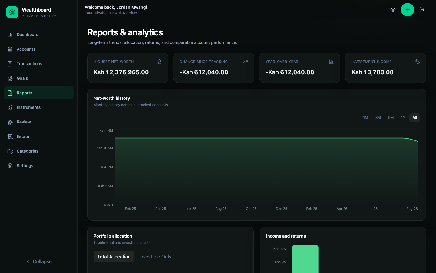 Reports page with net-worth history and allocation views