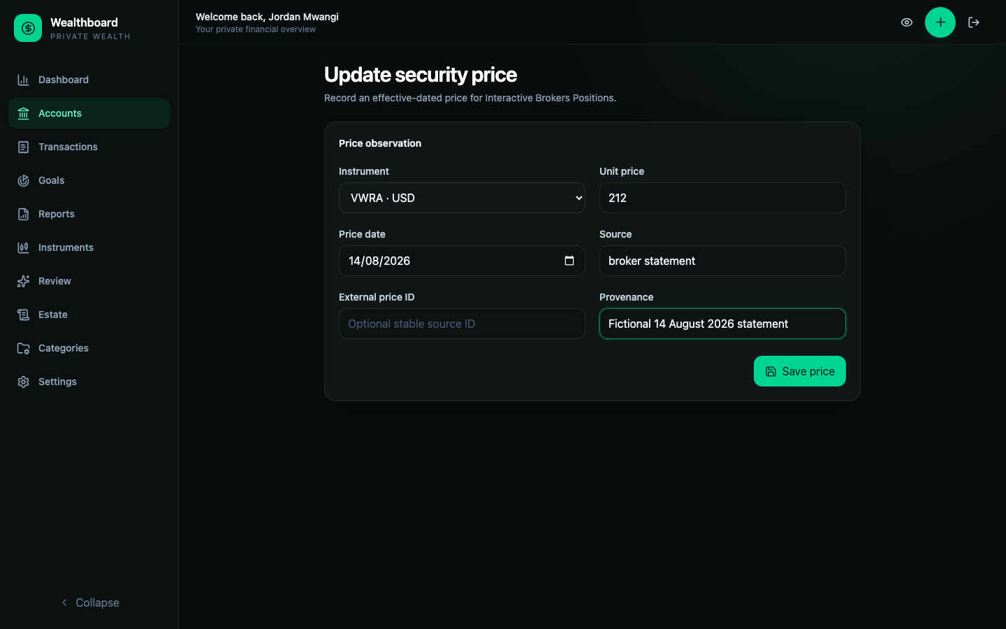 Effective-dated security price with source and fictional statement provenance