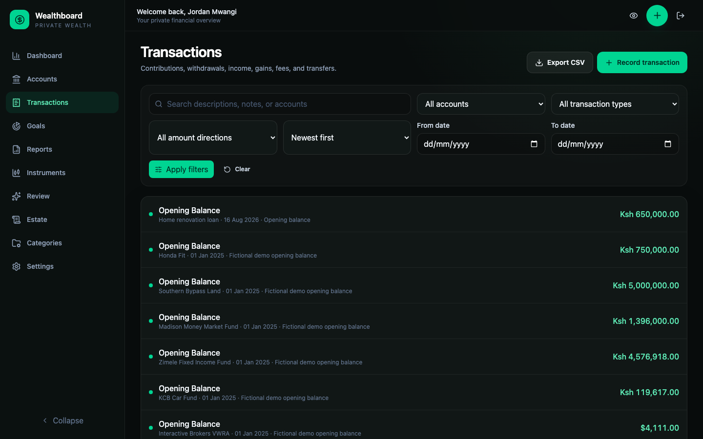 Transaction workbench with owner-scoped search and filters
